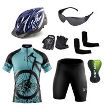 Conjunto Ciclismo Camisa e Bermuda + Capacete de Ciclismo C/ Luz LED + Luvas de Ciclismo + Óculos Esportivo + Par de Manguitos