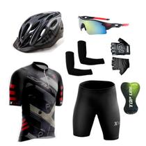 Conjunto Ciclismo Camisa e Bermuda + Capacete de Ciclismo C/ Luz LED + Luvas de Ciclismo + Óculos Esportivo + Par de Manguitos