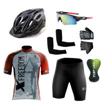Conjunto Ciclismo Camisa e Bermuda + Capacete de Ciclismo C/ Luz LED + Luvas de Ciclismo + Óculos Esportivo + Par de Manguitos