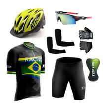 Conjunto Ciclismo Camisa e Bermuda + Capacete de Ciclismo C/ Luz LED + Luvas de Ciclismo + Óculos Esportivo + Par de Manguitos