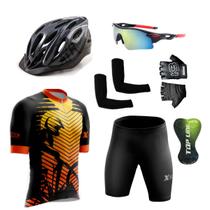 Conjunto Ciclismo Camisa e Bermuda + Capacete de Ciclismo C/ Luz LED + Luvas de Ciclismo + Óculos Esportivo + Par de Manguitos