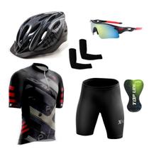 Conjunto Ciclismo Camisa e Bermuda + Capacete de Ciclismo C/ Luz LED + Óculos Esportivo + Par de Manguitos - XFreedom