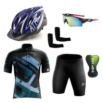 Conjunto Ciclismo Camisa e Bermuda + Capacete de Ciclismo C/ Luz LED + Óculos Esportivo + Par de Manguitos
