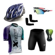 Conjunto Ciclismo Camisa e Bermuda + Capacete de Ciclismo C/ Luz LED + Óculos Esportivo + Par de Manguitos