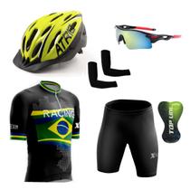 Conjunto Ciclismo Camisa e Bermuda + Capacete de Ciclismo C/ Luz LED + Óculos Esportivo + Par de Manguitos - XFreedom