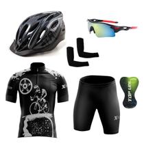 Conjunto Ciclismo Camisa e Bermuda + Capacete de Ciclismo C/ Luz LED + Óculos Esportivo + Par de Manguitos - XFreedom