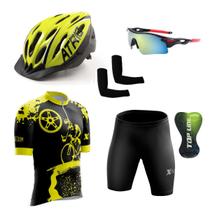 Conjunto Ciclismo Camisa e Bermuda + Capacete de Ciclismo C/ Luz LED + Óculos Esportivo + Par de Manguitos - XFreedom