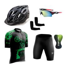 Conjunto Ciclismo Camisa e Bermuda + Capacete de Ciclismo C/ Luz LED + Óculos Esportivo + Par de Manguitos - XFreedom