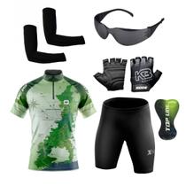 Conjunto Ciclismo Camisa e Bermuda + Par de Luvas + Óculos de Proteção + Par de Manguitos