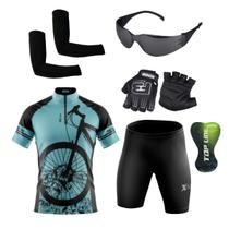 Conjunto Ciclismo Camisa e Bermuda + Par de Luvas + Óculos de Proteção + Par de Manguitos