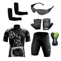 Conjunto Ciclismo Camisa e Bermuda + Par de Luvas + Óculos de Proteção + Par de Manguitos