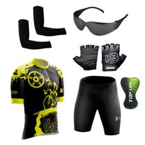 Conjunto Ciclismo Camisa e Bermuda + Par de Luvas + Óculos de Proteção + Par de Manguitos