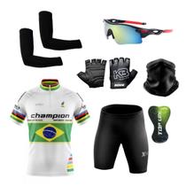 Conjunto Ciclismo Camisa e Bermuda +Par de Luvas + Óculos Esportivo + Par de Manguitos + Bandana