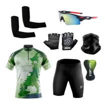 Conjunto Ciclismo Camisa e Bermuda +Par de Luvas + Óculos Esportivo + Par de Manguitos + Bandana