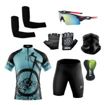 Conjunto Ciclismo Camisa e Bermuda +Par de Luvas + Óculos Esportivo + Par de Manguitos + Bandana