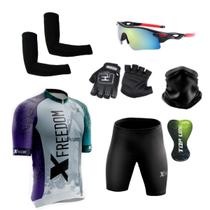 Conjunto Ciclismo Camisa e Bermuda + Par de Luvas + Óculos Esportivo + Par de Manguitos + Bandana - XFreedom