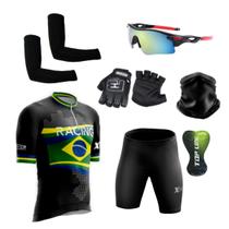 Conjunto Ciclismo Camisa e Bermuda + Par de Luvas + Óculos Esportivo + Par de Manguitos + Bandana