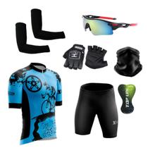 Conjunto Ciclismo Camisa e Bermuda + Par de Luvas + Óculos Esportivo + Par de Manguitos + Bandana