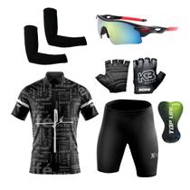 Conjunto Ciclismo Camisa e Bermuda + Par de Luvas + Óculos Esportivo + Par de Manguitos