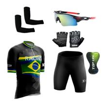 Conjunto Ciclismo Camisa e Bermuda + Par de Luvas + Óculos Esportivo + Par de Manguitos