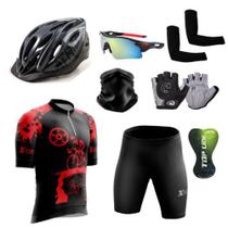 Conjunto Ciclismo Camisa Proteção Uv e Bermuda + Capacete Ciclismo + Luva Ciclismo + Óculos Esportivo + Manguito + Bandana