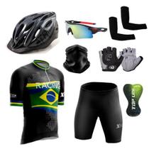 Conjunto Ciclismo Camisa Proteção Uv e Bermuda + Capacete Ciclismo + Luva Ciclismo + Óculos Esportivo + Manguito + Bandana