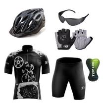 Conjunto Ciclismo Camisa Proteção UV e Bermuda + Capacete Ciclismo +Luvas Ciclismo + Óculos