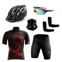 Conjunto Ciclismo Camisa Proteção Uv e Bermuda + Capacete Ciclismo + Óculos Esportivo + Manguito + Bandana