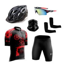 Conjunto Ciclismo Camisa Proteção Uv e Bermuda + Capacete Ciclismo + Óculos Esportivo + Manguito + Bandana