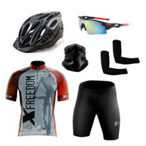 Conjunto Ciclismo Camisa Proteção Uv e Bermuda + Capacete Ciclismo + Óculos Esportivo + Manguito + Bandana