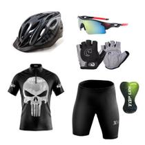 Conjunto Ciclismo Camisa Proteção UV e Bermuda em Gel + Capacete Ciclismo + Luvas Ciclismo + Óculos