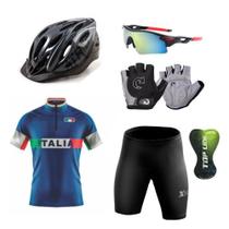 Conjunto Ciclismo Camisa Proteção UV e Bermuda em Gel + Capacete Ciclismo + Luvas Ciclismo + Óculos