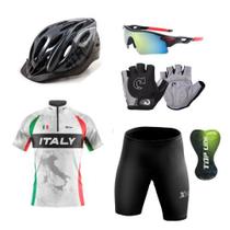 Conjunto Ciclismo Camisa Proteção UV e Bermuda em Gel + Capacete Ciclismo + Luvas Ciclismo + Óculos