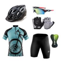 Conjunto Ciclismo Camisa Proteção UV e Bermuda em Gel + Capacete Ciclismo + Luvas Ciclismo + Óculos