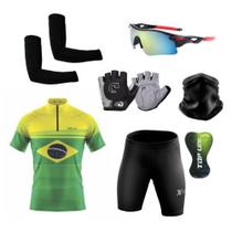 Conjunto Ciclismo Camisa Proteção UV e Bermuda em Gel + Luvas Ciclismo + Óculos + Manguitos + Bandana