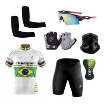 Conjunto Ciclismo Camisa Proteção UV e Bermuda em Gel + Luvas Ciclismo + Óculos + Manguitos + Bandana