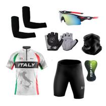 Conjunto Ciclismo Camisa Proteção UV e Bermuda em Gel + Luvas Ciclismo + Óculos + Manguitos + Bandana