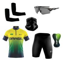 Conjunto Ciclismo Camisa Proteção Uv e Bermuda + Óculos Esportivo + Manguito + Bandana