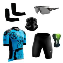 Conjunto Ciclismo Camisa Proteção Uv e Bermuda + Óculos Esportivo + Manguito + Bandana