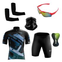 Conjunto Ciclismo Camisa Proteção Uv e Bermuda + Óculos Esportivo + Manguito + Bandana