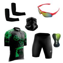 Conjunto Ciclismo Camisa Proteção Uv e Bermuda + Óculos Esportivo + Manguito + Bandana