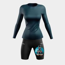 Conjunto Ciclismo Feminino Kit Camisa UV Azul Marinho + Bermuda Forro em Gel Inverno