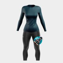 Conjunto Ciclismo Feminino Kit Camisa UV Azul Marinho + Calça Forro em Gel Inverno