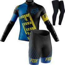 Conjunto Ciclismo Fox Azul Camisa Manga Longa Bermuda Gel Pernito Silicone Conjunto Ciclismo Fox Azul Camisa Manga Longa Bermuda Gel Pernito Silicone