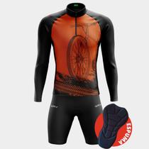 Conjunto Ciclismo Masculino- Camisa Bike Roda Laranja Manga Longa e Bermuda Espuma