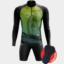 Conjunto Ciclismo Masculino - Camisa Bike Roda Verde Degradê PRO Manga Longa e Bermuda Espuma Equipe Conjunto Ciclismo Masculino - Camisa Bike Roda Verde Degradê PRO Manga Longa e Bermuda Espuma Equipe