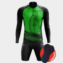 Conjunto Ciclismo Masculino - Camisa Bike Roda Verde PRO Manga Longa e Bermuda Espuma Equipe