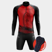 Conjunto Ciclismo Masculino - Camisa Bike Roda Vermelha Manga Longa e Bermuda Espuma