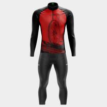 Conjunto Ciclismo Masculino - Camisa Bike Roda Vermelha MANGA LONGA (PRO) Calça GEL WAY