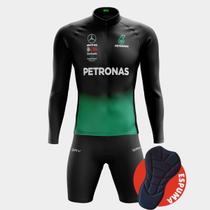 Conjunto Ciclismo Masculino - Camisa Petronas Preta Manga Longa e Bermuda Espuma